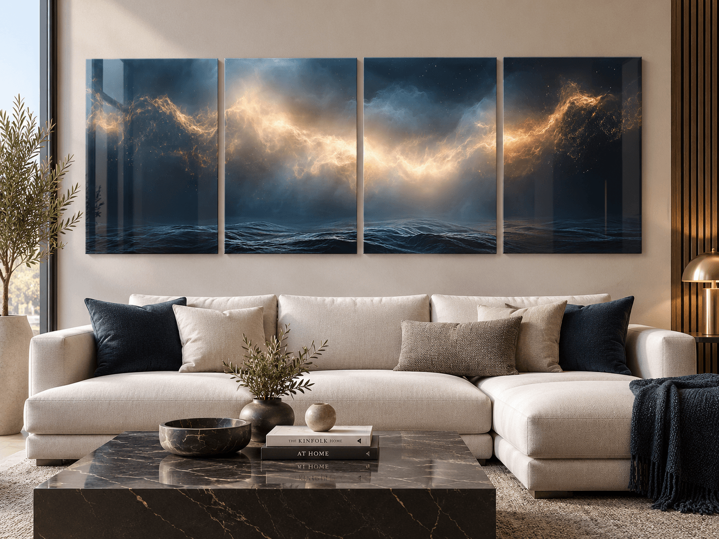 Golden storm horizon glass panels above a beige sectional sofa with a dark marble coffee table